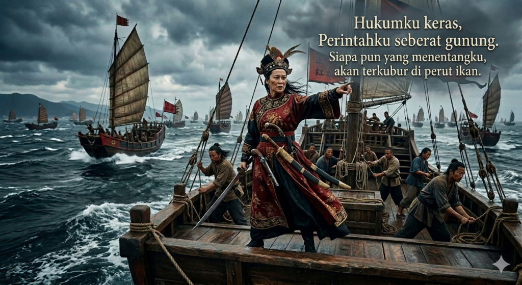 Ilustrasi kapal perang jung tradisional milik Armada Bendera Merah di Laut China Selatan
