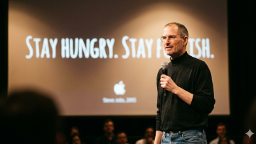 potret steve jobs dengan quotes stay hungry stay foolish di panggung presentasi apple