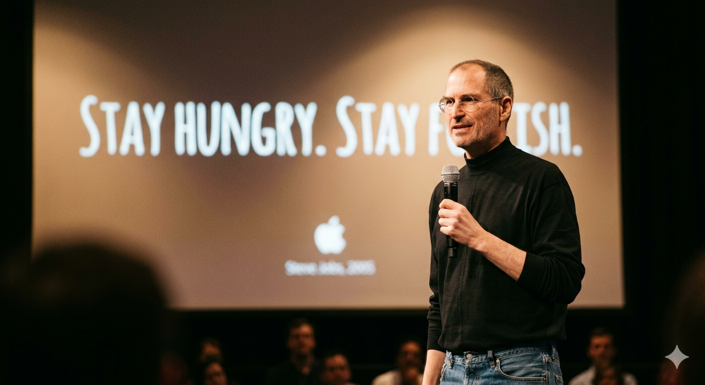 potret steve jobs dengan quotes stay hungry stay foolish di panggung presentasi apple
