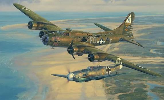 Lukisan sejarah rekonstruksi visual saat jet Bf 109 Franz Stigler terbang berdampingan mengawal bomber B-17 Charlie Brown